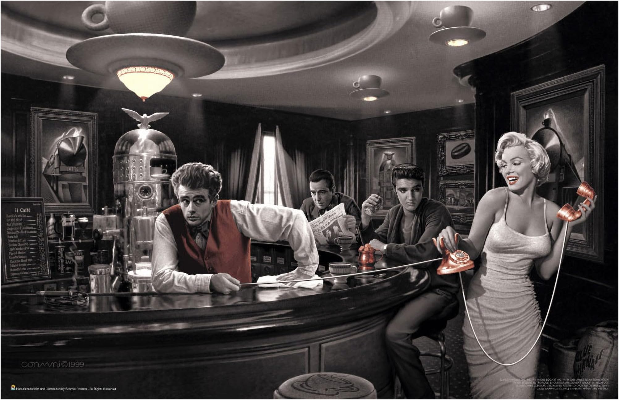 Java Dreams with James Dean Marilyn Monroe Elvis Presley and Humphrey Bogart by Chris Consani 36x24 Art Print Poster Wall Decor Celebrity Movie Stars at Coffee Bar Icons Hollywood by Scorpio Posters