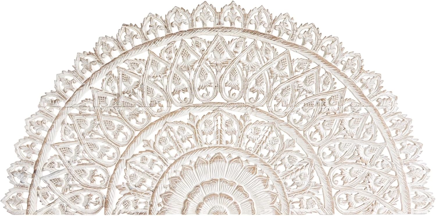 Siam Sawadee Whitewash Half Moon Headboard for Queen Size Bed, Hand-Carved Solid Teak Wood, Sustainable Reclaimed Wooden Panels, 60x30 in