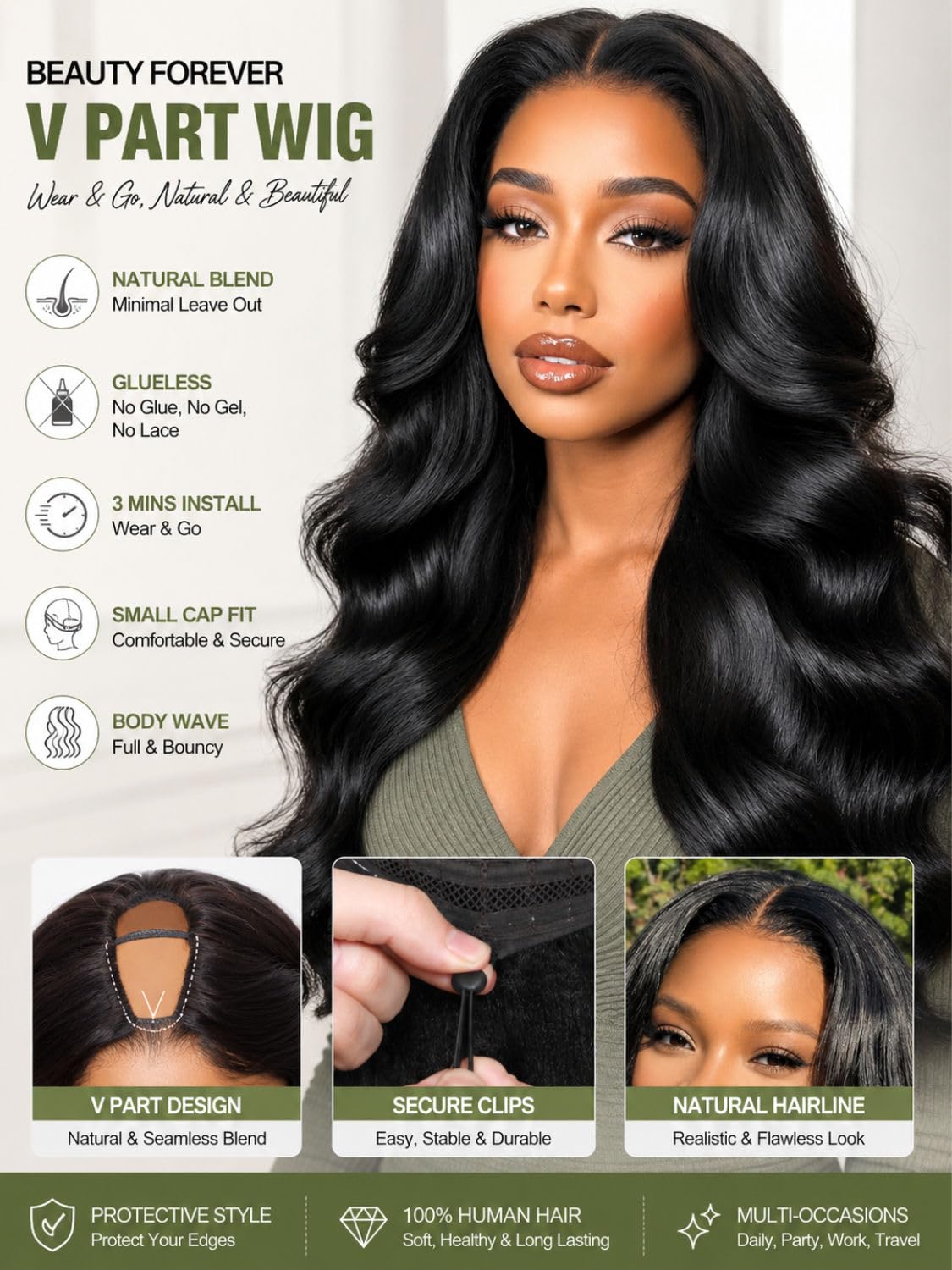 Amazon.com : Beauty Forever Body Wave V Part Wig Human Hair  display picture 1