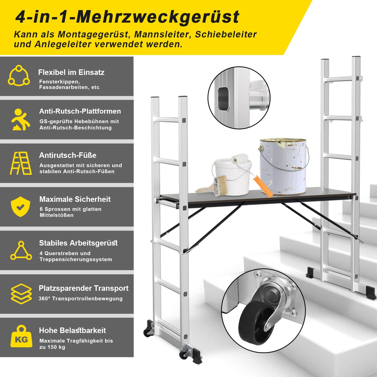 Rusztowanie mobilne 4 w 1, wysokość robocza 3 m, aluminium, srebrny