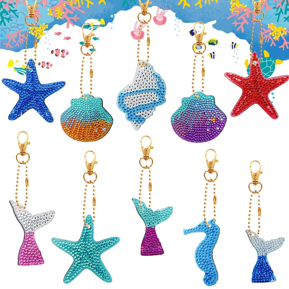 Jodsen 10 Pcs Diamond Painting Keychain Double Sided,Shell Mermaid Art Kit,Mosaic Pendant,Craft Full Drill Keyring Kits for Backpack,Phone,Purse,Handbag Decoration