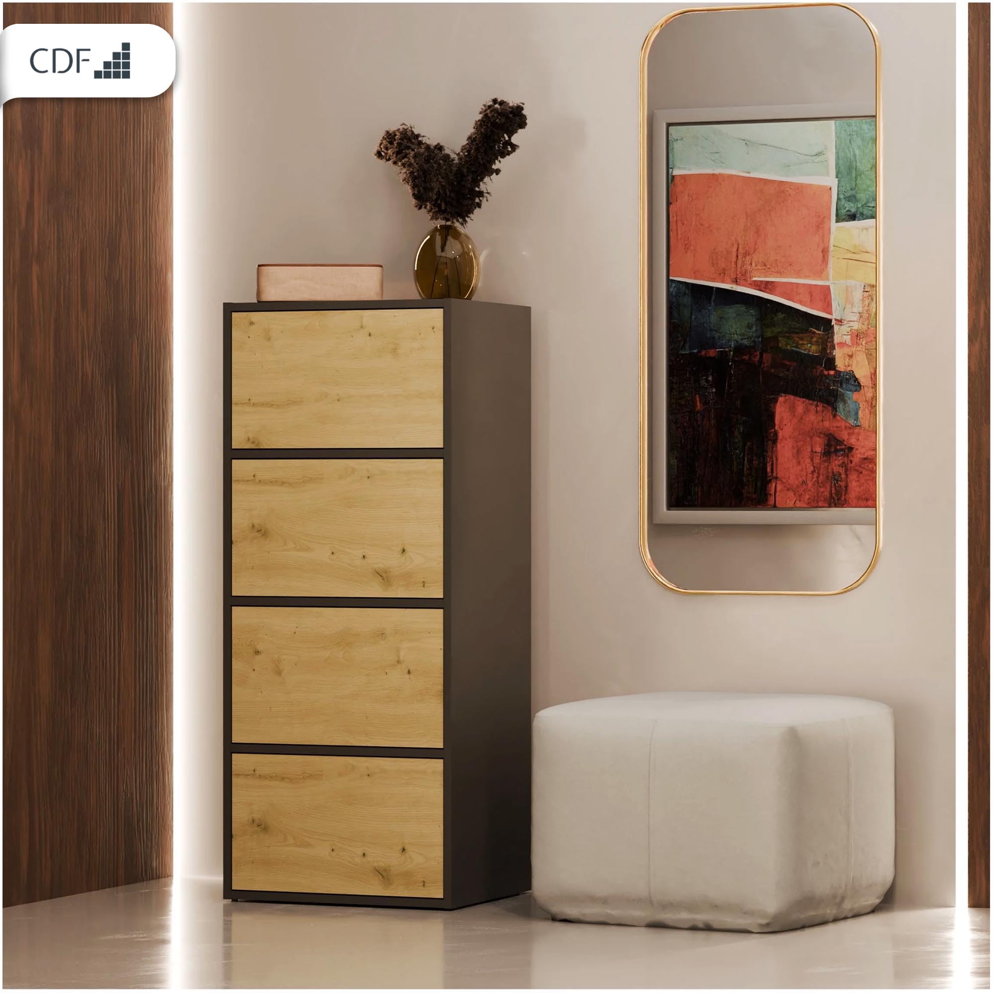 CDF Kommode Mehrzweckschrank 4 Türen Highboard Allzweckschrank Hochkommode Flurschrank für Wohnzimmer Büro Flur Schlafzimmer Aktenschrank Anthrazit/Eiche Artisan Regalschrank 16 mm Platte 40x50x119 cm