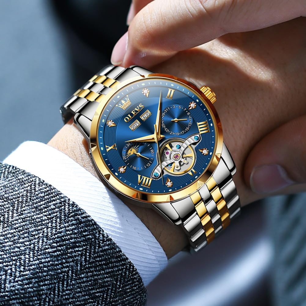 OLEVS Automatic Watches for Men Self Winding Mechanical Skeleton Luxury Dress Stainless Steel Diamond Men Wrist Watches - Image 2