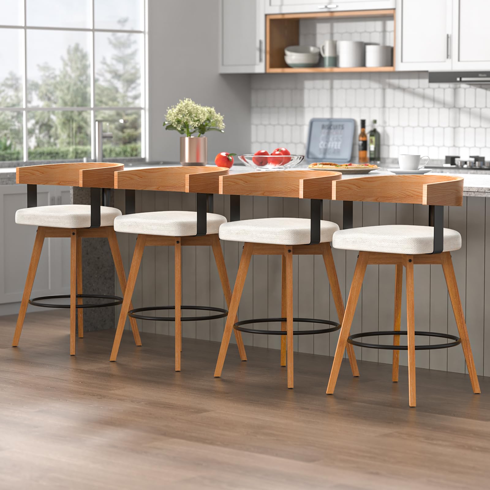 Madaha Counter Height Bar Stools Set of 4 Modern Wooden Swivel Stool Bar Stools for Kitchen Island, Upholstered Bar Height Stools with Integrated