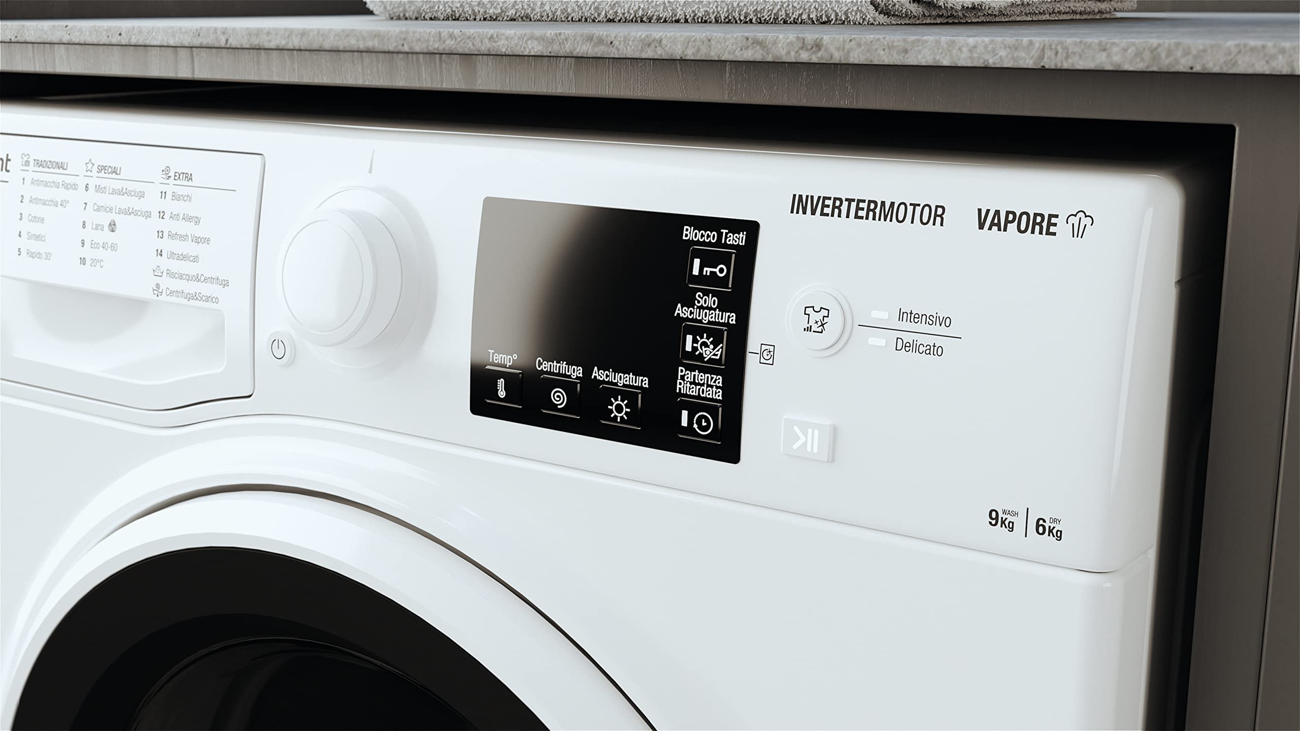 Hotpoint NDB 96443 W IT N Lave-linge 9 kg Charge avant, Libre installation. Centrifugeuse 1400 tours par minute Largeur 59,5 cm, Profondeur 54 cm, Hauteur 85 cm, Classe énergétique E