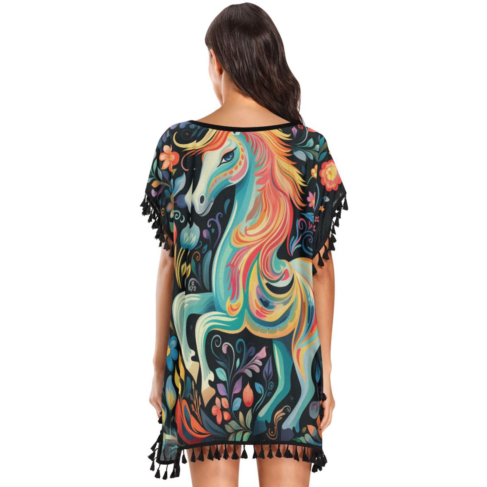 KAAVIYO Colorful Flower Horse Women's Beach Cover Up Chiffon Tassel Swimwear Swimsuit Coverups for Girl
