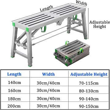 Scaffolding Equipment Foldable Engineering Ladder 5-Gear Adjustable Height Portable Multipurpose Steel Work Platform Scaffold Tower Ladder Stool Bench,180×40cm