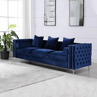 Blue Dutch Velvet 3 Seat Sofa with 3 Cushions and 2 Rectangular Pillows Luxury Sectional Sofas Couch Sleeper Daybed Metal ...