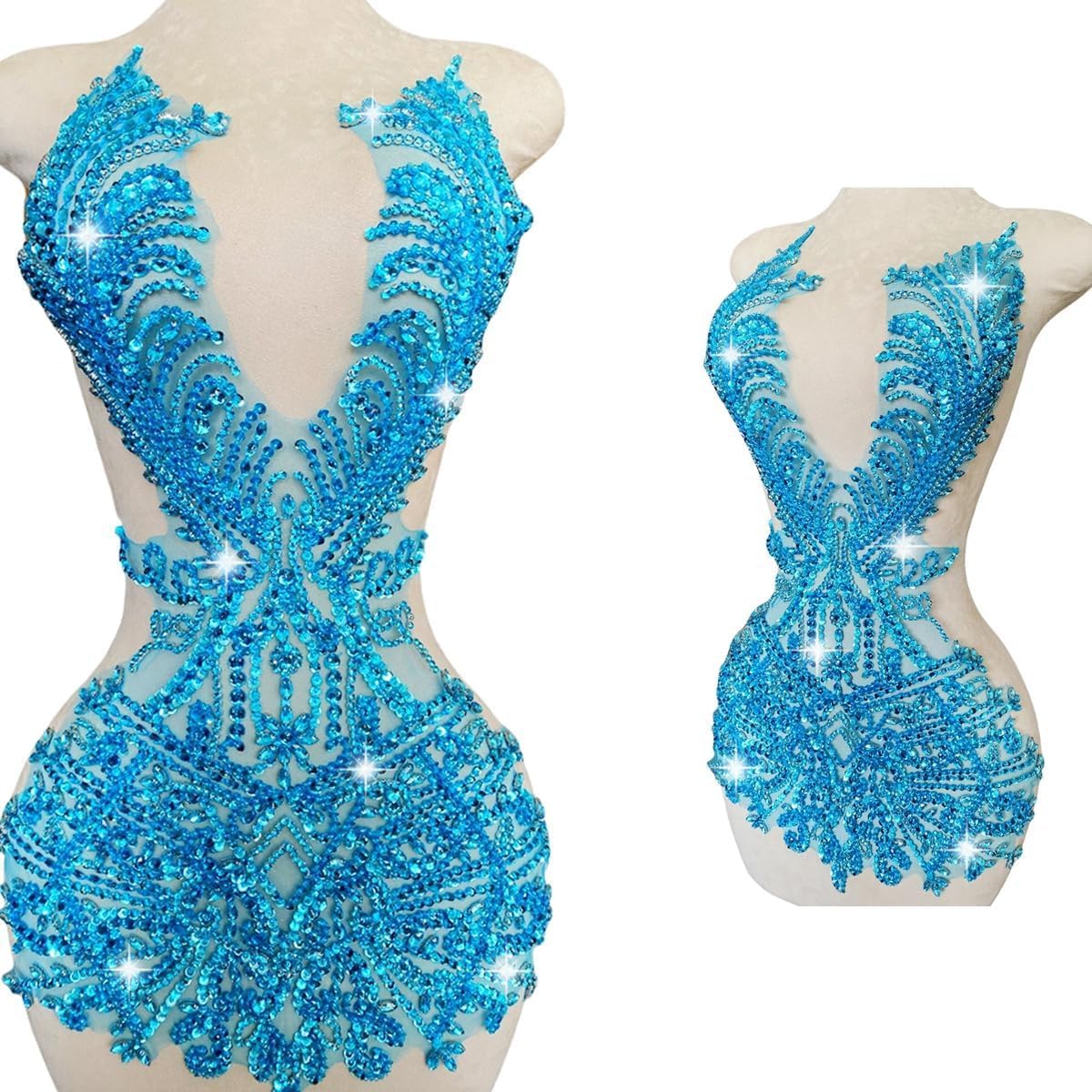 PLune Large Size Handmade Rhinestones lace Trim Patches sew on Beads Appliques for Wedding Party Evening Dress Accessories 26X14inches (Sky Blue)