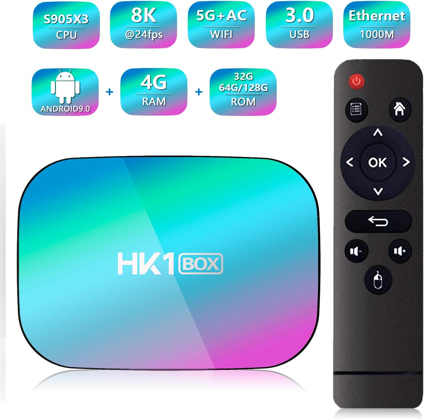 HK1 BOX Android 9.0 Smart TV Box Amlogic S905X3 CPU 4GB RAM 32GB 2.4G+5G Wifi 1000M BT4.0 8K Smart Media Player for Netflix Youtube