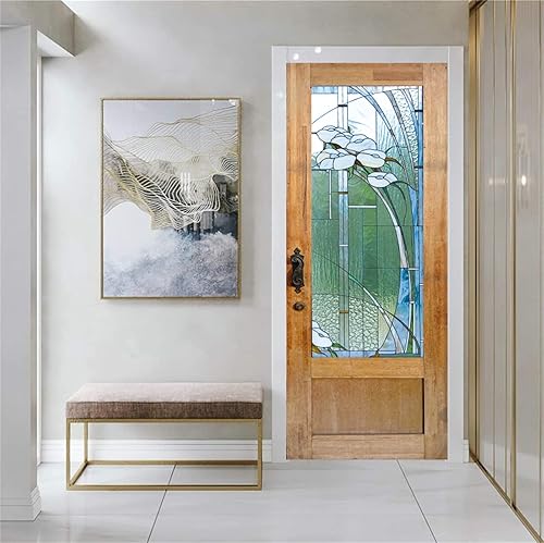 Miniatura 5 de artfanke Adhesivo 3D para puerta de vidrieras 3D, 30.3 x 78.7 pulgadas, papel tapiz autoadhesivo para puerta de madera retro, calcomanía de pared