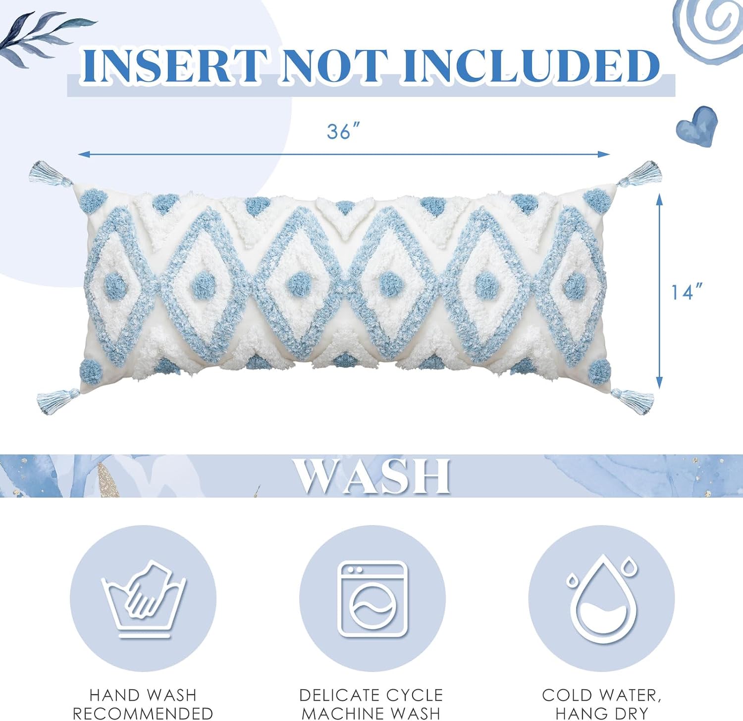 Mindsoft Decorative Lumbar Pillow Cover 14x36 Inch Coastal Blue and White Tufted Boho Throw Pillowcase Long Rectangle Accent Pillow Cover with Tassels for Couch Sofa Bed Farmhouse Body Cushion