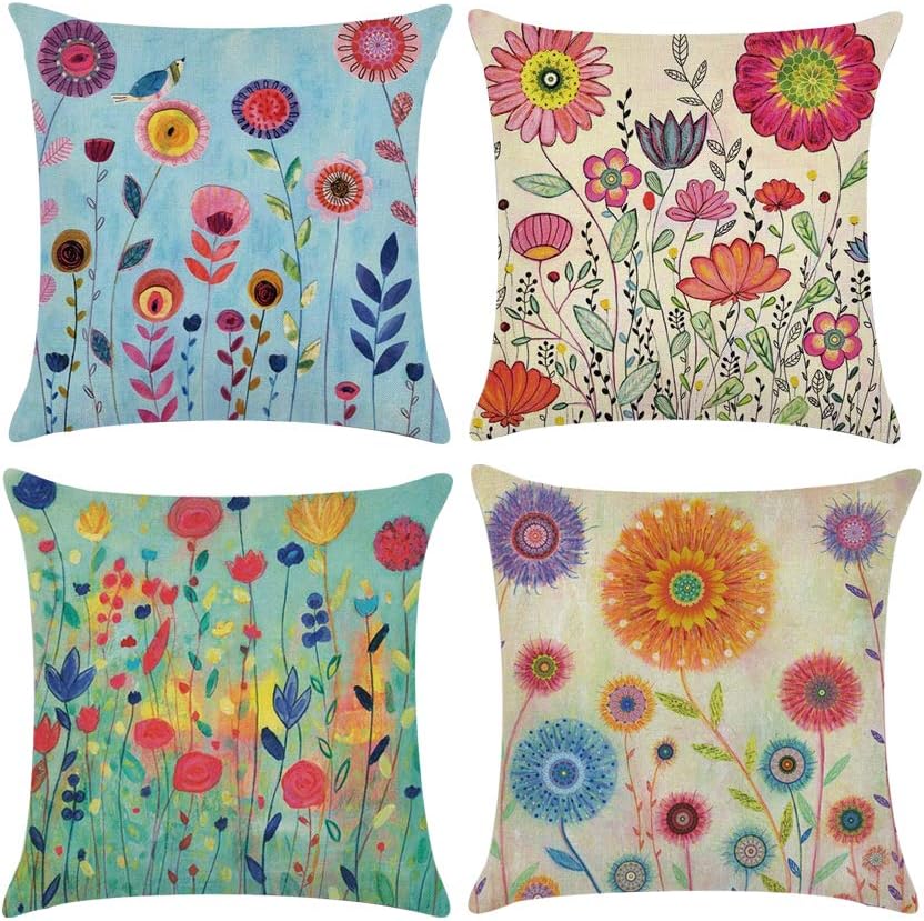 2er Set Kissenbezug 45x45 Cm – Boho Ethno Blumenmuster, Leinen-Optik, Mit Unsichtbarem Reißverschluss