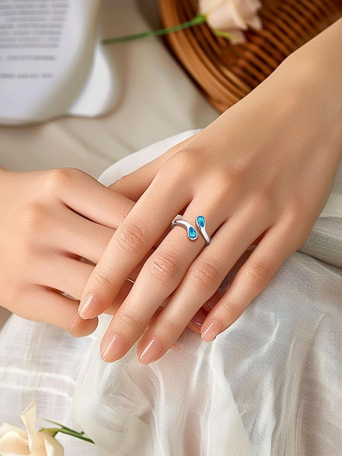 Silvora 925 Sterling Silver Adjustable Ring Wrap Birthstones Open Rings for Women Ring with 2 Pear Shaped Gemstone, Birthstone Ring for Mother - Image 6