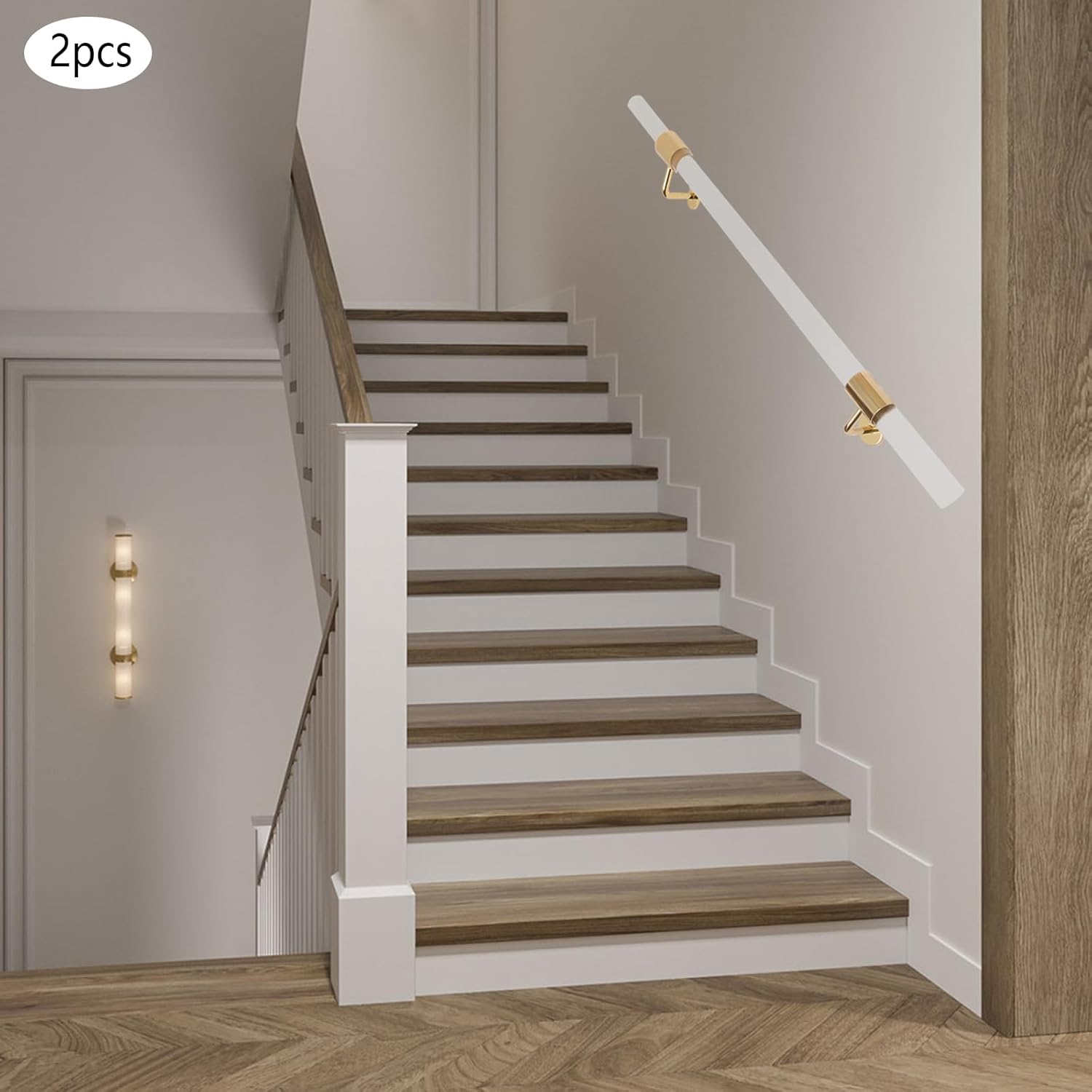 2 Pack Acrylic Handrail for Indoor Stairs, 1m/3.3ft Wall Mount Transparent Staircase Handrails with Golden Brackets Wall Mount Railing for Hotel Lofts