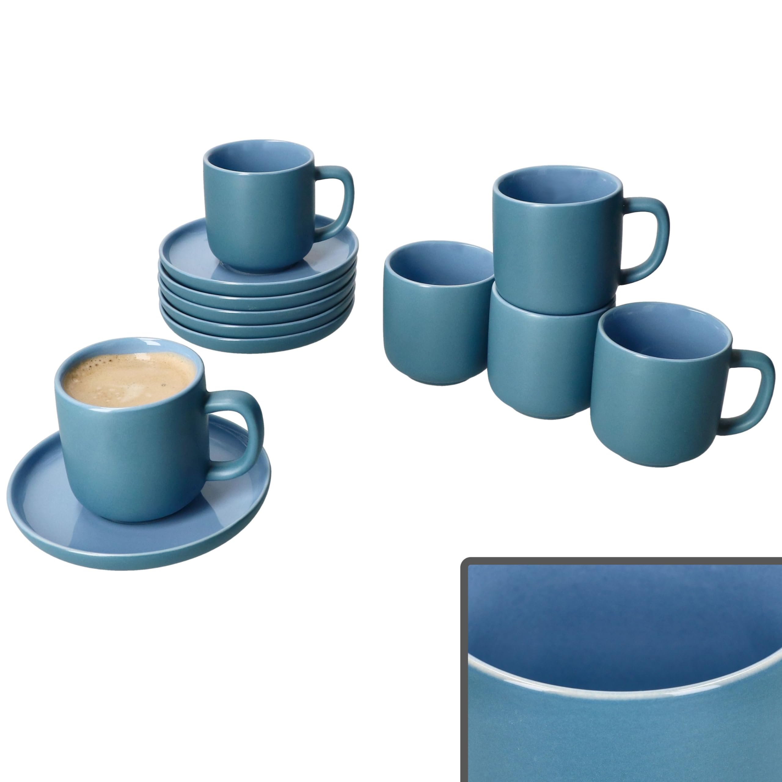 Ritzenhoff & Breker Jasper - Set di 6 tazze da caffè con piattini blu oceano, per 6 persone, in gres, per colazione e caffè, 6 tazze piccole da 70 ml, altezza 6 cm e piattini