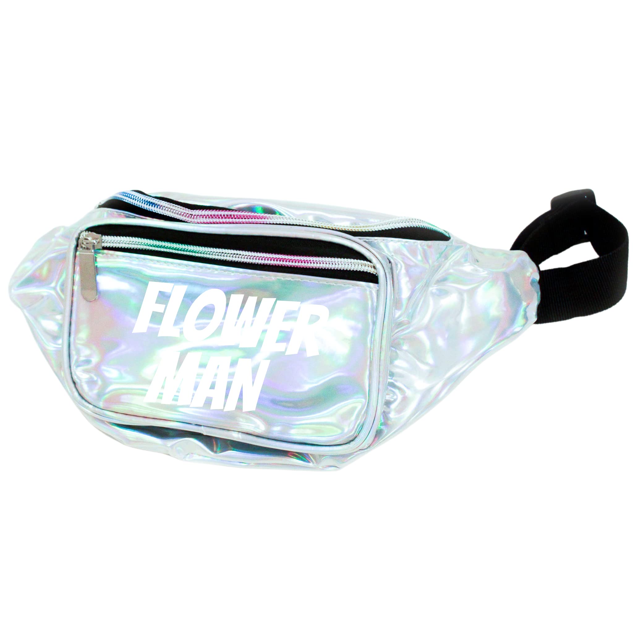 Flower Man Holographic Metallic Fanny Pack (Silver w/White Text)