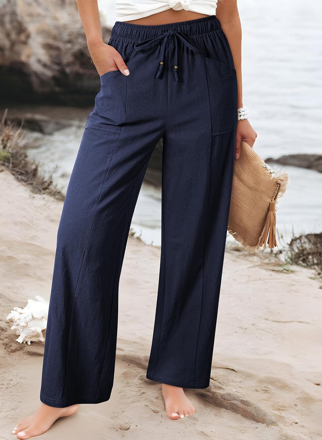 Acelitt Womens Linen Pants Drawstring Elastic Waist Casual Wide Leg Pants Beach Trousers with Pockets - Image 3