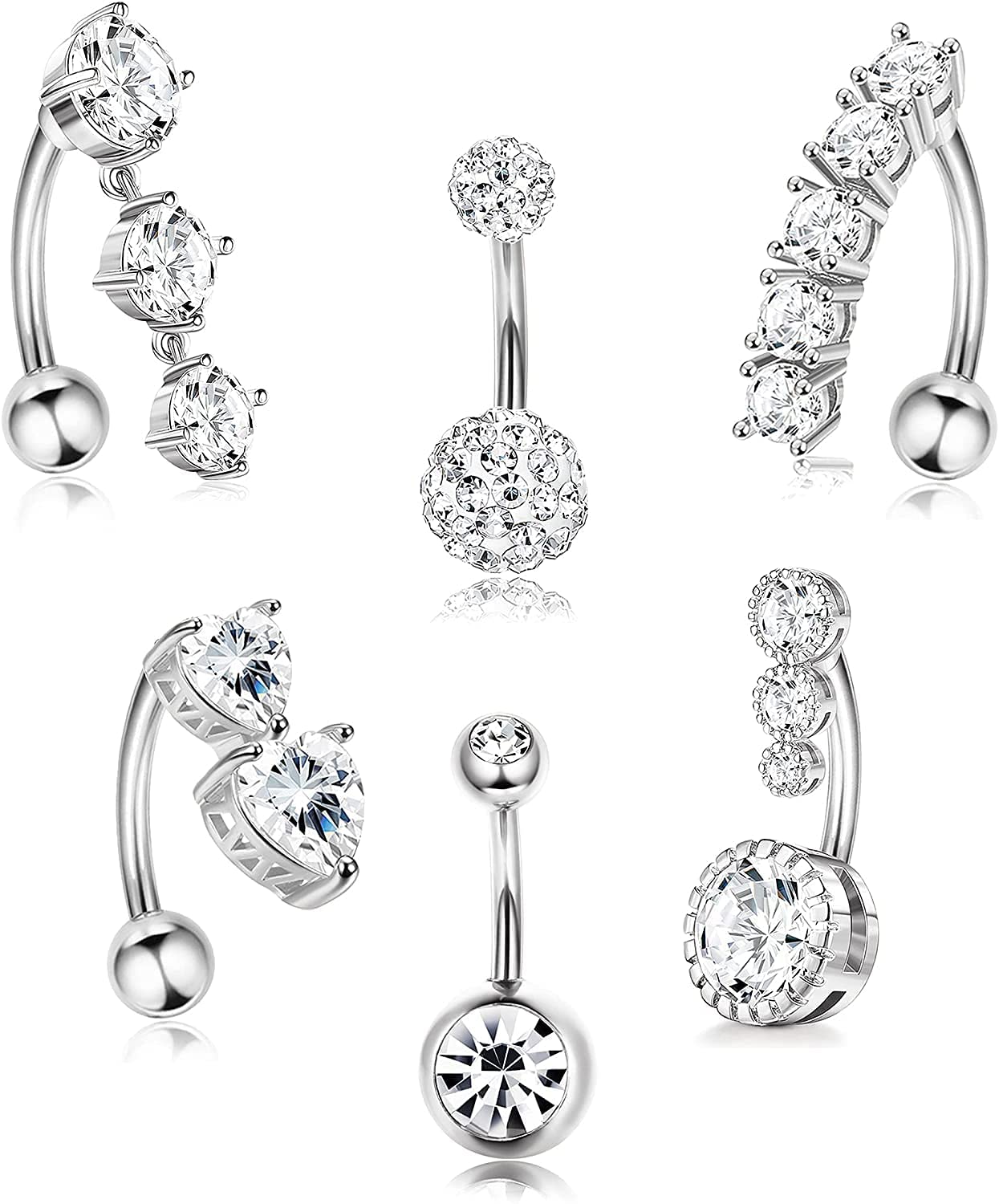 MILACOLATO Anillos de Ombligo Inverso de 316L Acero Inoxidable para Mujeres Barra Curva CZ Lindo Cuerpo Piercing Jewelry 14G 6Pcs Plata
