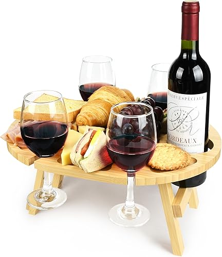 Miniatura 8 de Tirrinia Mesa de picnic portátil con 4 soportes para copas de vino, mesa funcional de bandeja de bambú plegable para fiestas, picnic, campamento,