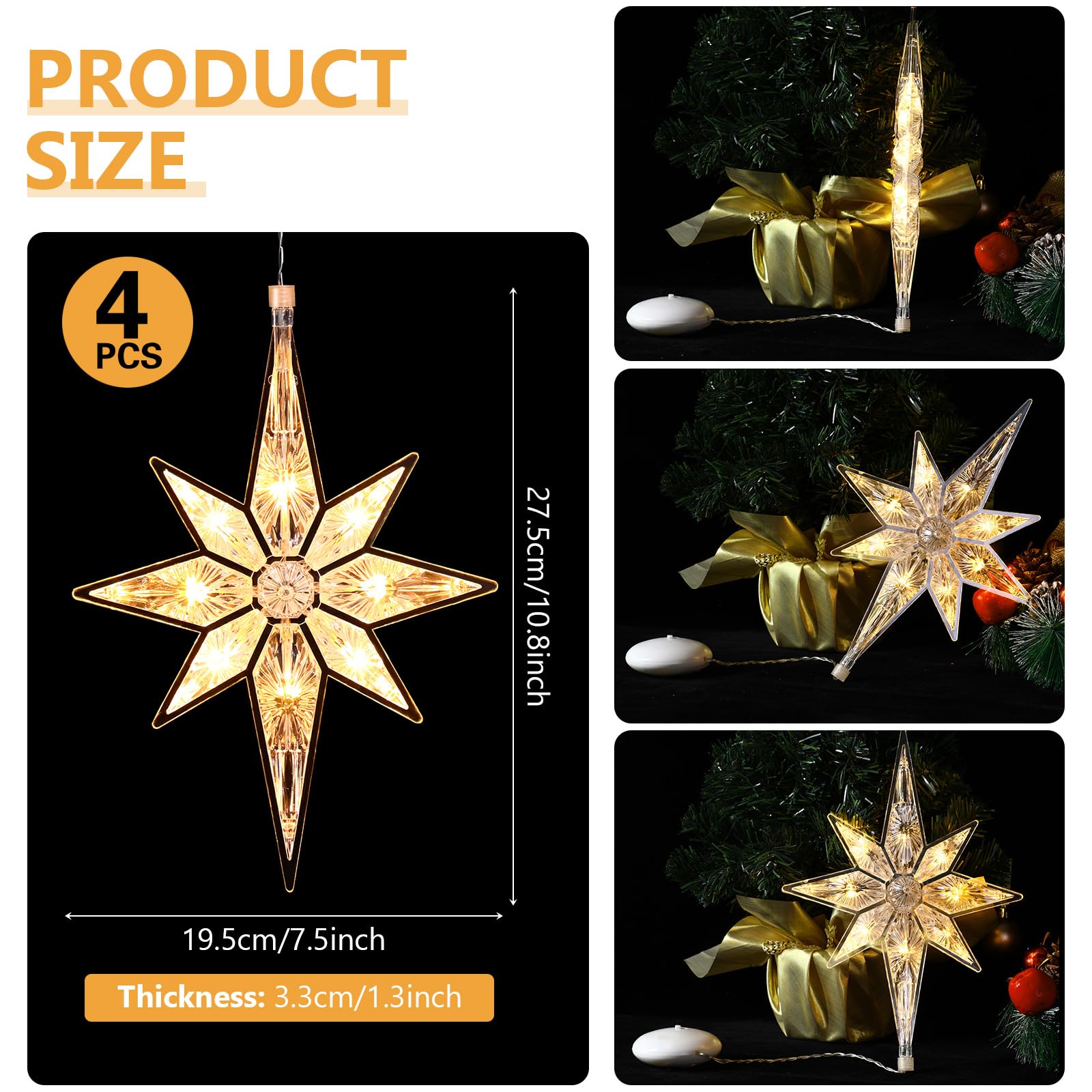 Mudder 27,5 cm Lumières d'Étoile de Fenêtre de Noël Grande Étoile Lumineuse à Suspendre de Noël en Plastique Lumières à Ventouse de Fenêtre Lumières de Silhouette d'Étoile (Blanc Chaud, 4)