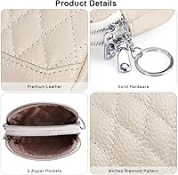 Vista 4 de XEYOU Monedero pequeño de piel auténtica con llavero y anillo, Blanco apagado, Casual