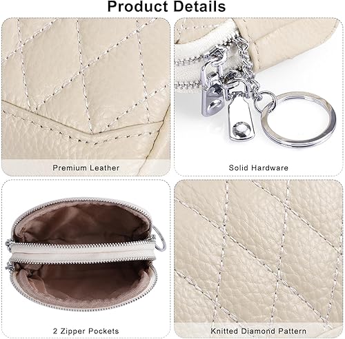 Miniatura 4 de XEYOU Monedero pequeño de piel auténtica con llavero y anillo, Blanco apagado, Casual