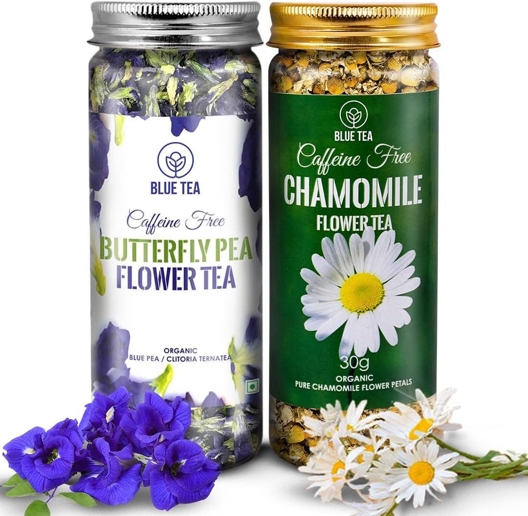 BLUE TEA - COMBO - Butterfly Pea Flower Tea - 25 gm & Chamomile Tea - 30 gm | ANTIOXIDANT RICH | Caffeine Free - Herbal Tea | For Stress Relief And Anxiety | Featured In Shark Tank | Pet Jar Pack