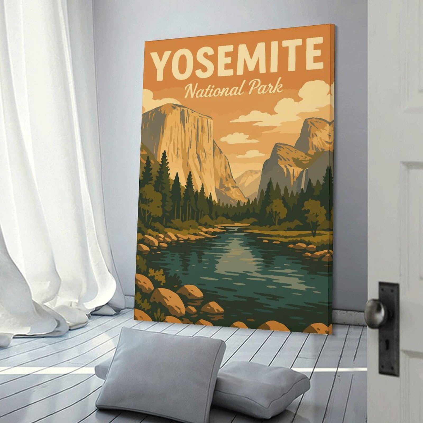 Junmoney Frame-Style-19 Yosemite National Park Vintage Travel Poster Canvas Wall Picture, 20X30inch(50X75cm), For Study, Office Or Focused Interiors, Home Office Artwork With Decorative Appeal
