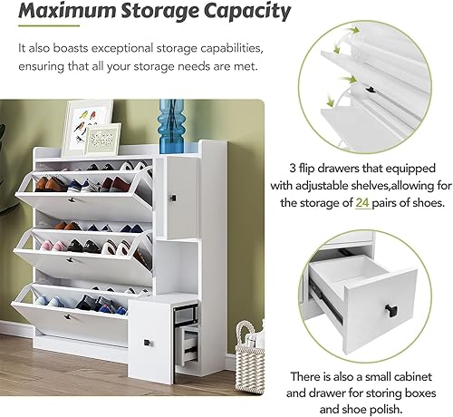 Miniatura 5 de Zapatero multifuncional con 3 cajones abatibles, armario de vestíbulo con cajón, zapatero independiente con asiento abatible, armario lateral