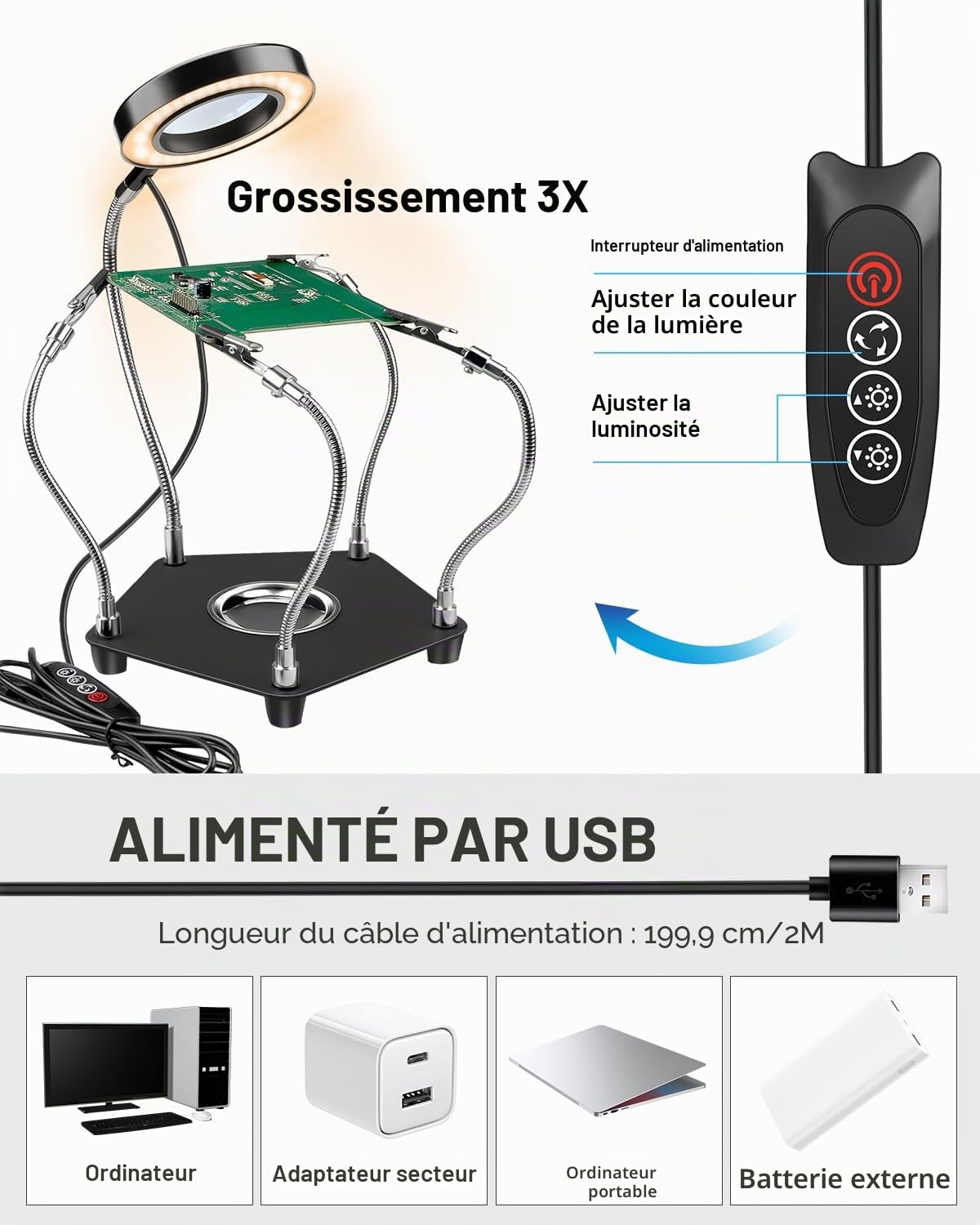 Lytool Troisième-Main-Soudure-Aider Les Mains Station de Soudage avec Lampe Loupe 3X LED à Intensité Variable Main d'Aide à Souder Flexible avec 4 Bras de Support pour les Réparations-de-Soudure