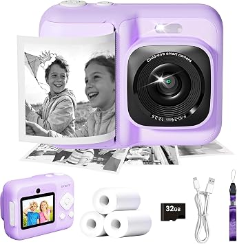 Kids Camera, 1080P Instant Digital Print Camera for Kids, Christmas Birthday Gifts for 4 5 6 7 8 9 10 Year Old Girls Boys, Portable Toy with 32GB SD Card & 3 Rolls Printing Paper,1Count,Purple