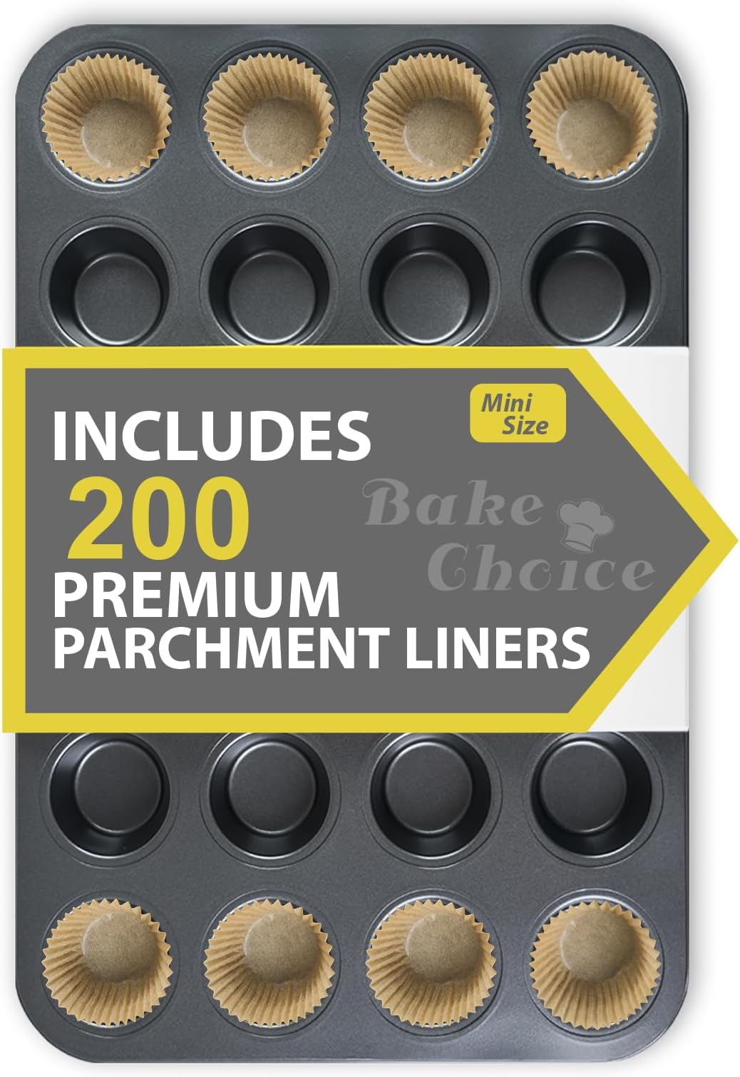 Bake Choice Mini Muffin Pan includes 200 Natural Cupcake Liners, Mini Cupcake Pans Nonstick 24 Cup, Muffin Tin, Carbon Steel Baking Supplies