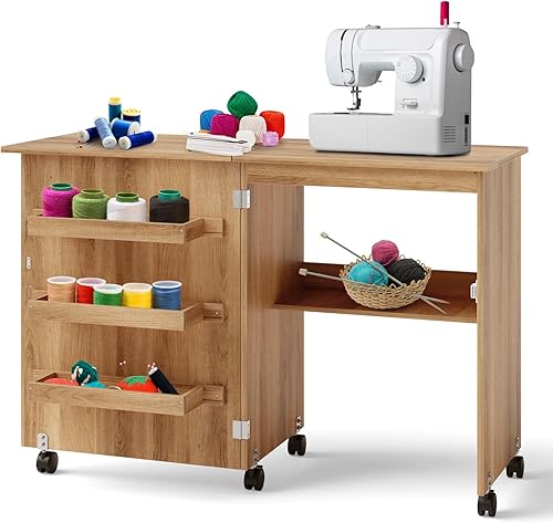 COSTWAY Folding Sewing Table, Multipurpose Craft Station Desk, Display Cabinet with Shelves Storage, Lockable Wheels, Rolling Sewing Machine Desk