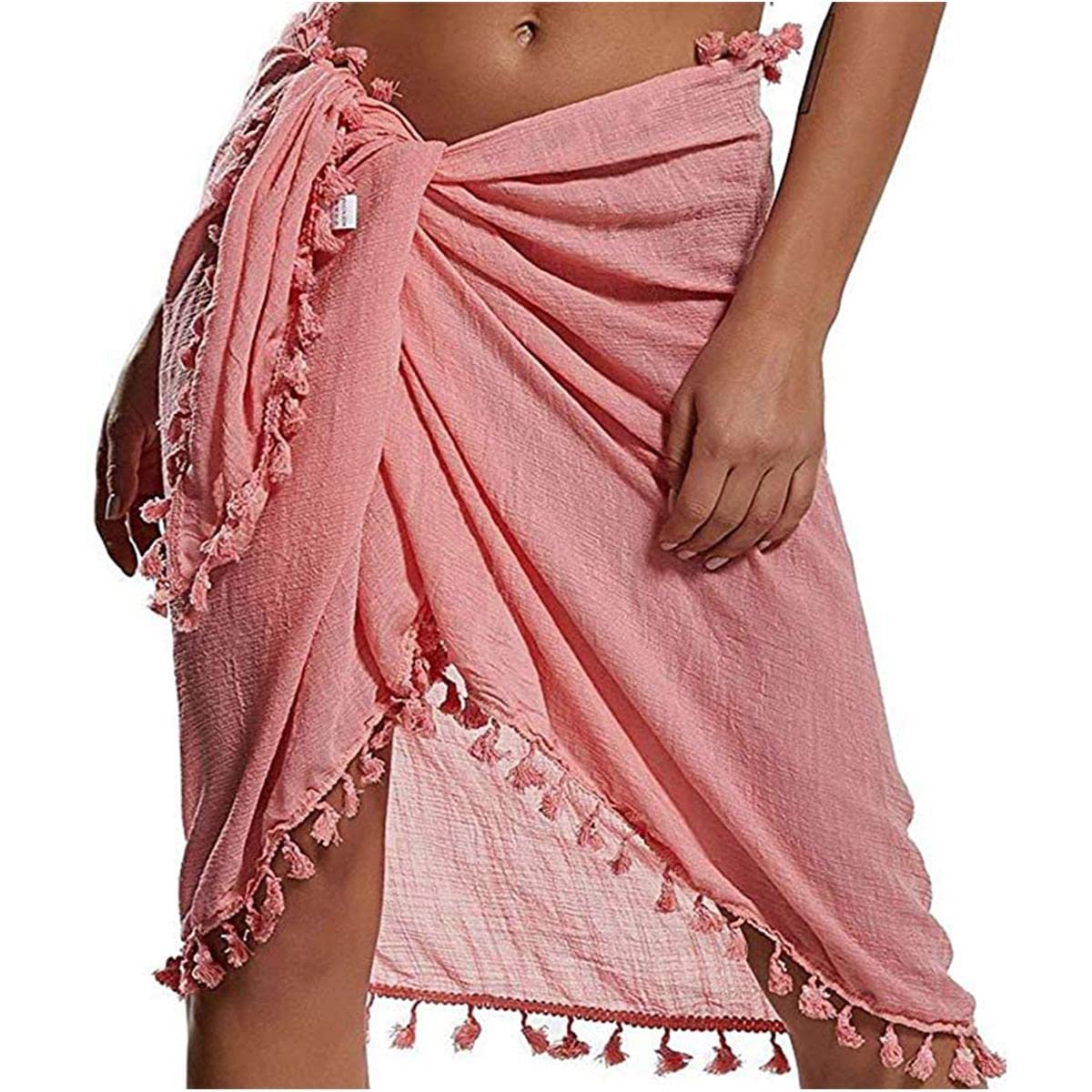 TBSCWYFFaldas Cruzadas de Playa para Mujer Delantal Corto con Flecos Sarong Traje de baño de Gasa Cubiertas Bikini Wrap Pareo de Playa para Mujer Diseños Lisos con Pasador de Coco