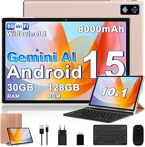 2026 Tablet 10 Pulgadas Android 15 con Gemini AI, 30GB RAM + 128GB ROM（TF 2TB）, Octa-Core 2.0GHZ, 8000mAh, GMS, Widevine L1, 5G WiFi 6 & BT 5.0, GPS, OTG, Tablet con Teclado y Raton-Oro
