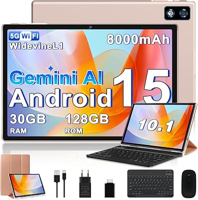 2026 Tablet 10 Pulgadas Android 15 con Gemini AI, 30GB RAM + 128GB ROM（TF 2TB）, Octa-Core 2.0GHZ, 8000mAh, GMS, Widevine L1, 5G WiFi 6 & BT 5.0, GPS, OTG, Tablet con Teclado y Raton-Oro