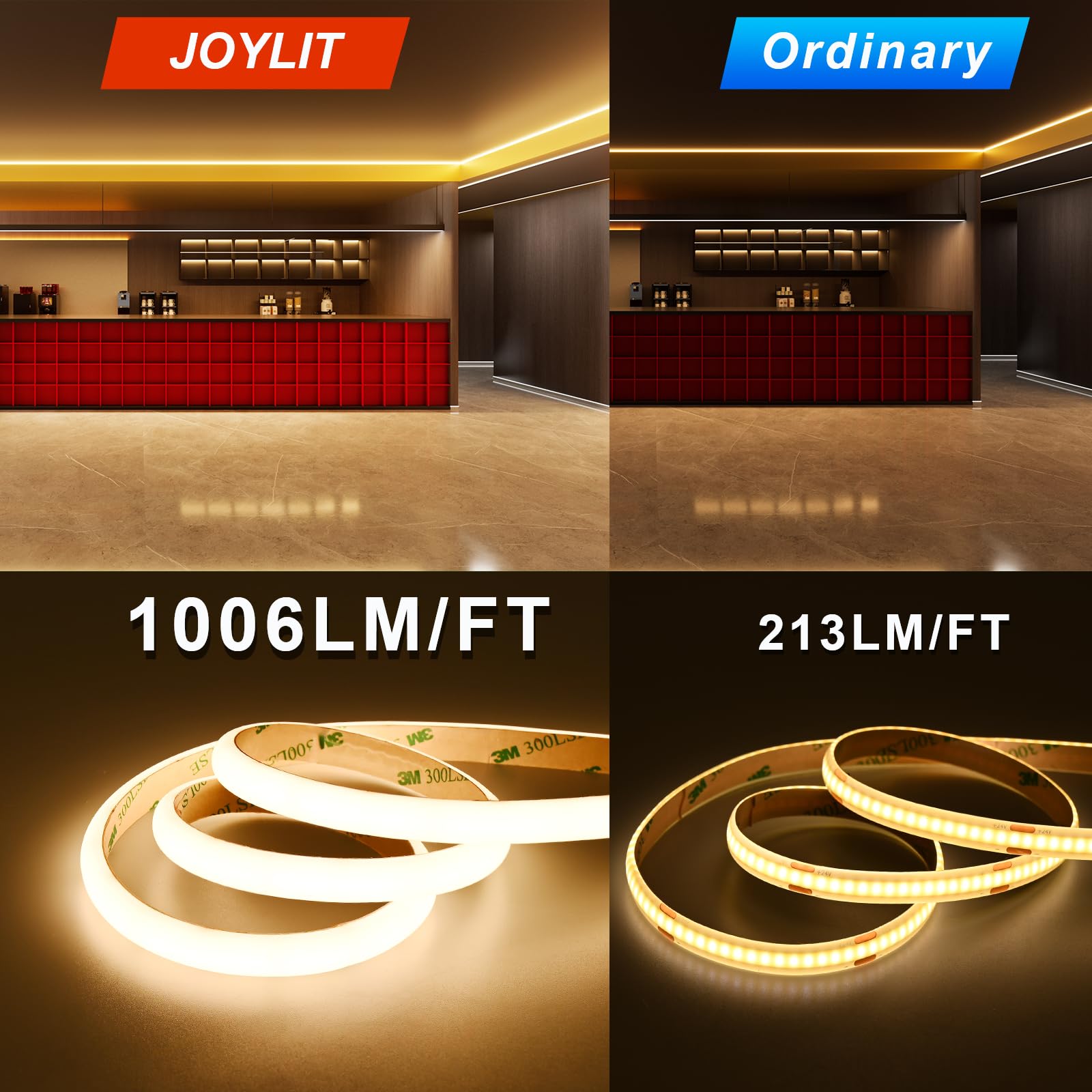 JOYLIT LED Streifen 24V 5M Wasserdicht Warmweiß 3000K CE, 3300LM/M Extra Hell 26W/M Dimmbar CRI 90+,COB Effekt Ohne Punkte 256LEDs/M, Unsichtbare LEDs, Flex Lichtband für Küche, Bad (Nur Licht)