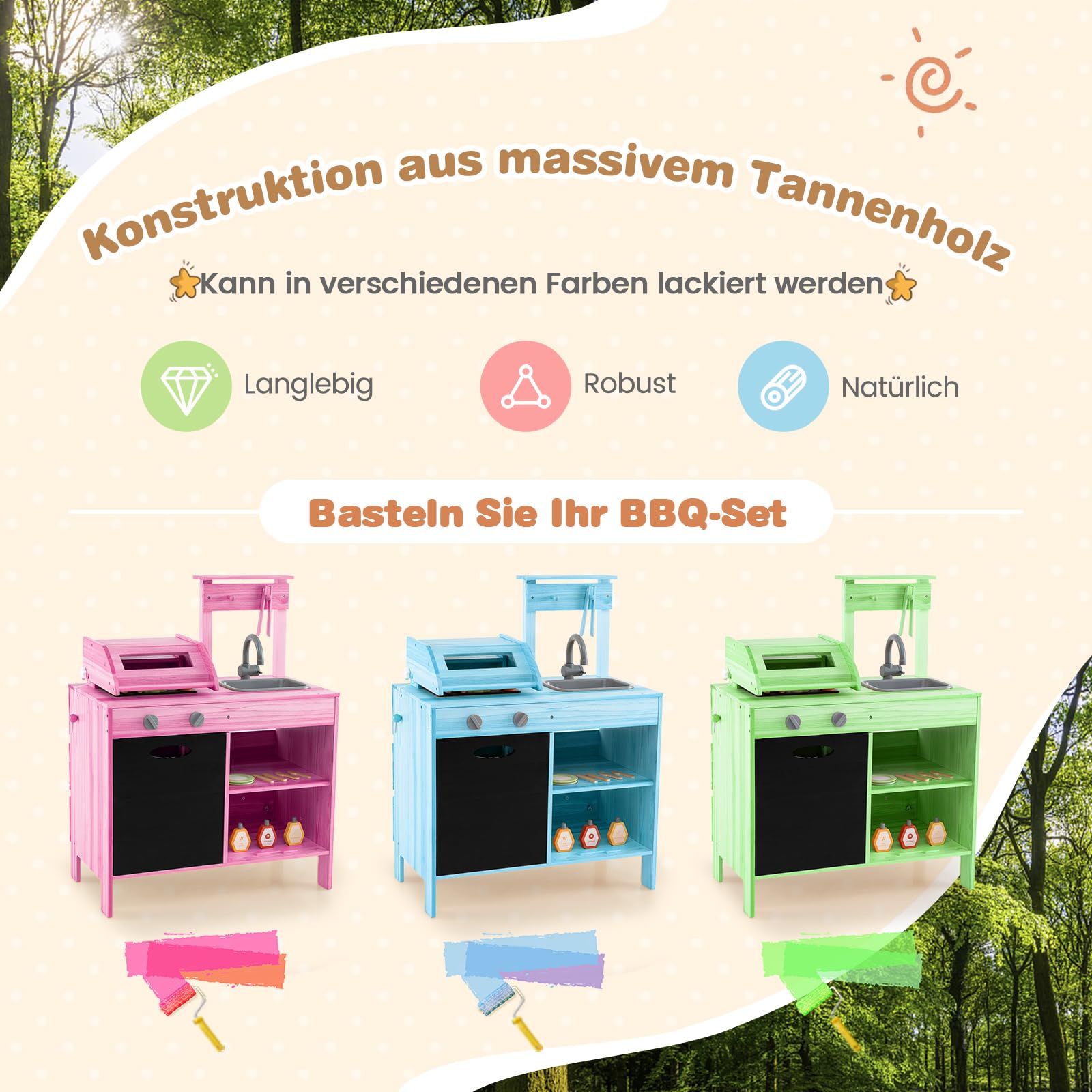 COSTWAY Matschküche Kinder Outdoor, Kindergrill mit Grill-Zubehör, BBQ Grill Spielset mit Tafel & Spülbecken, Spielküche Outdoorküche für Jungen & Mädchen ab 3 Jahren