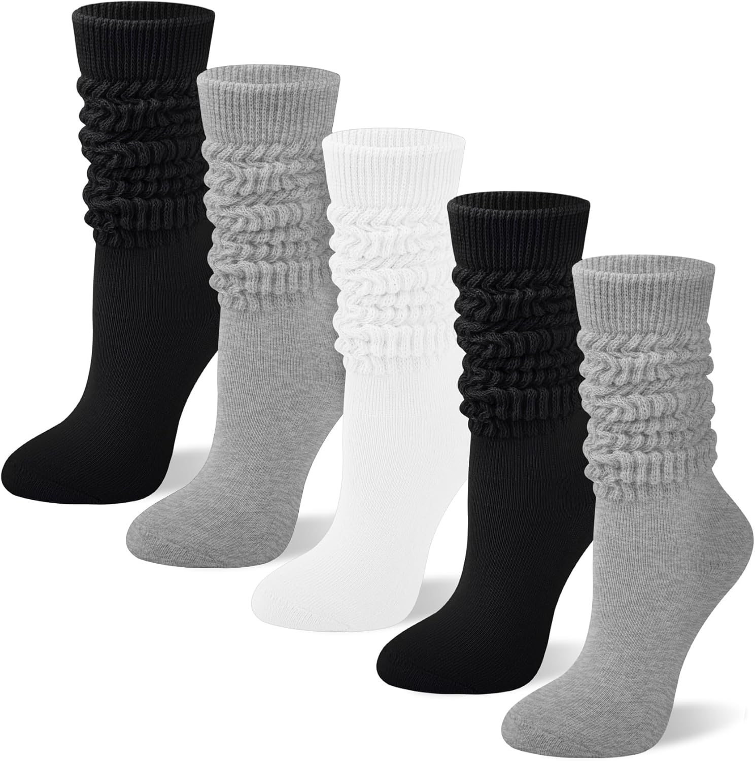 5 Pairs Slouchy Socks for Women, Soft Cotton Long Scrunch Tube Stockings, Casual Crew Boot Thick Knit Slouch Socks