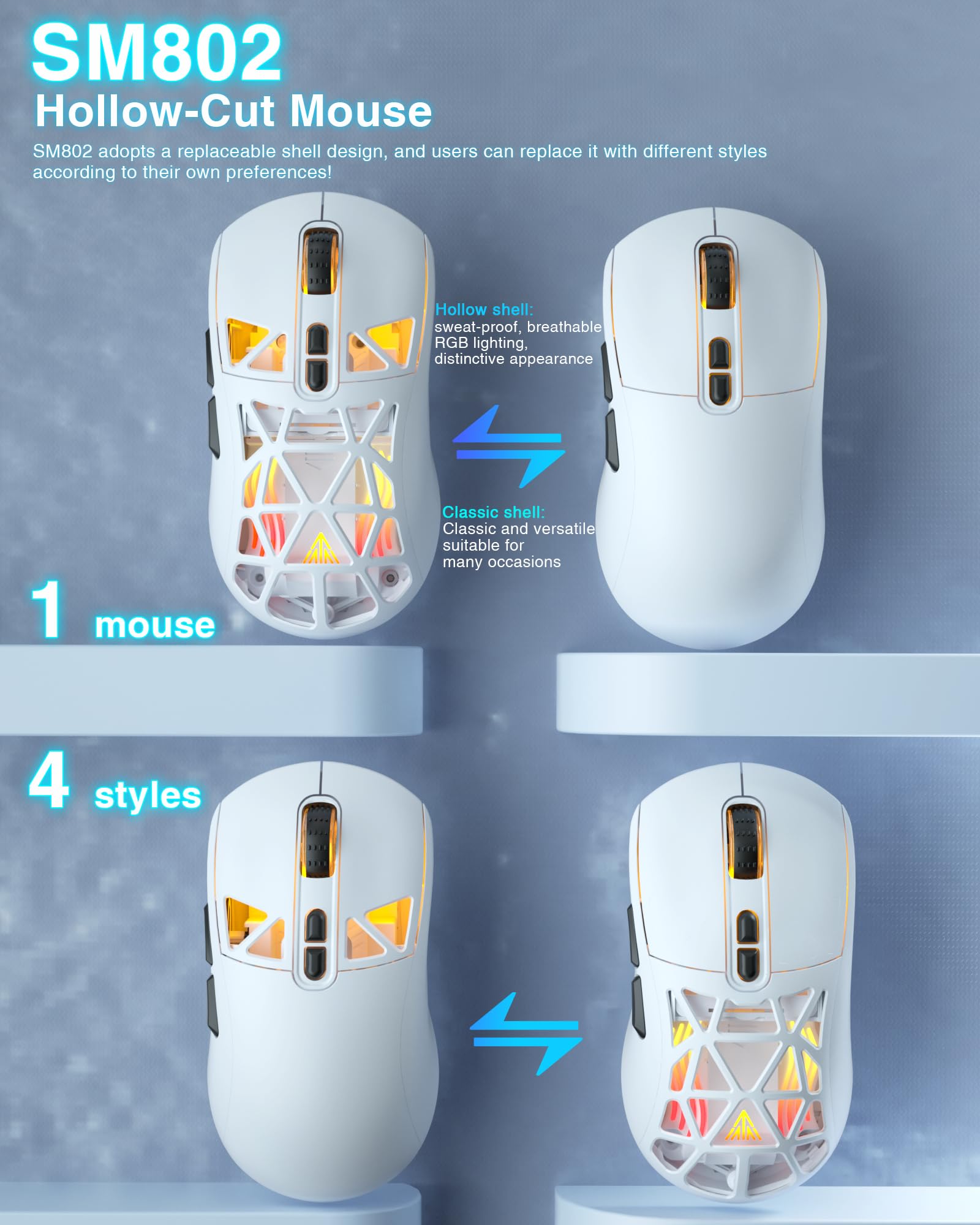 SOLAKAKA SM802 - Ratón inalámbrico blanco para juegos, 10000 DPI, Tri-Mode Wired/BT 5.0/2.4GHz Ratón inalámbrico para juegos con botón lateral, mouse macro programable RGB para laptop