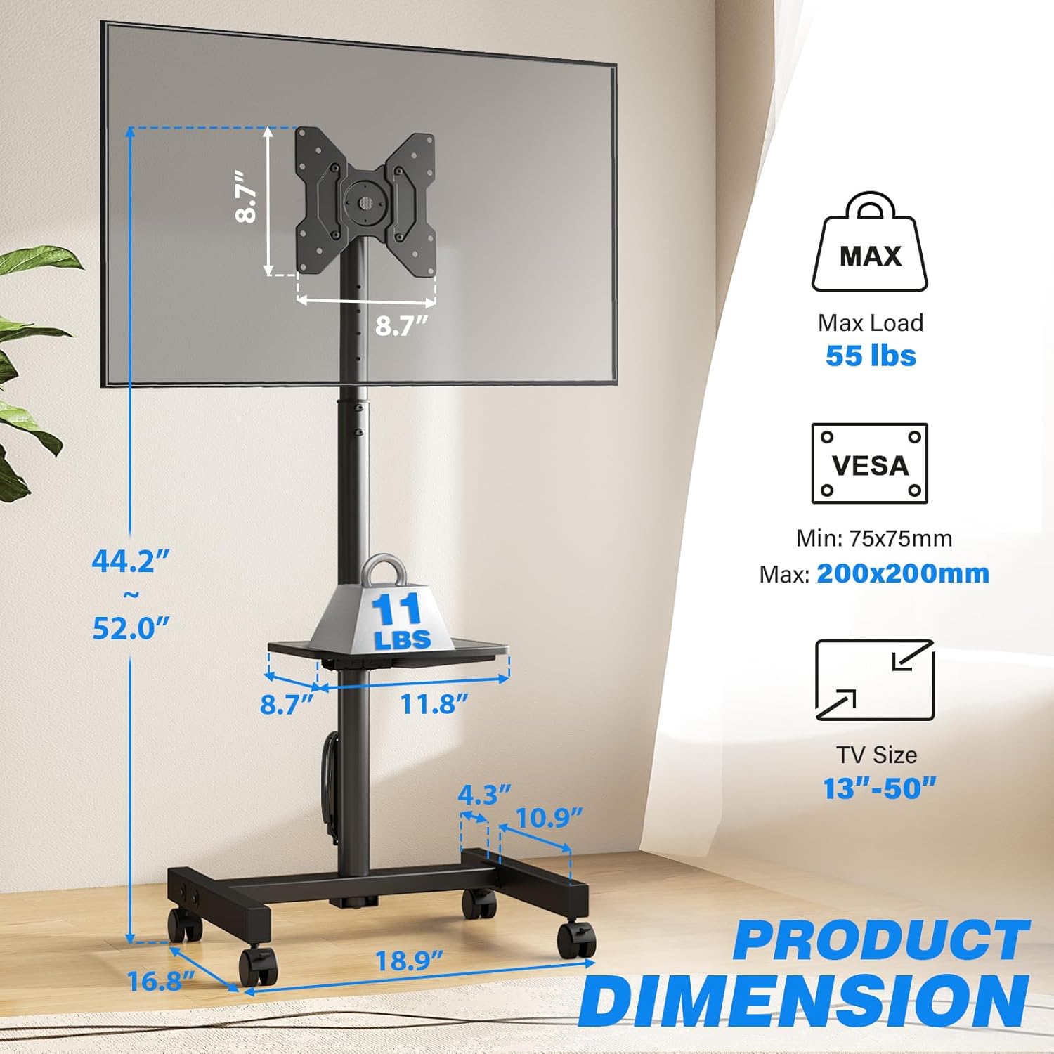 Rfiver Mobile TV Stand Product Dimensions and VESA