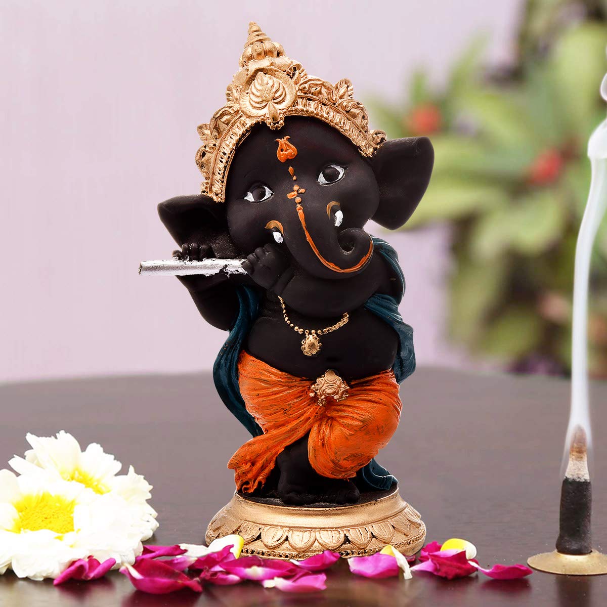 Karigaari India Handcrafted Resine Playing Flute Ganesha Idol Sculpture | Showpiece for Home Décor and Office
