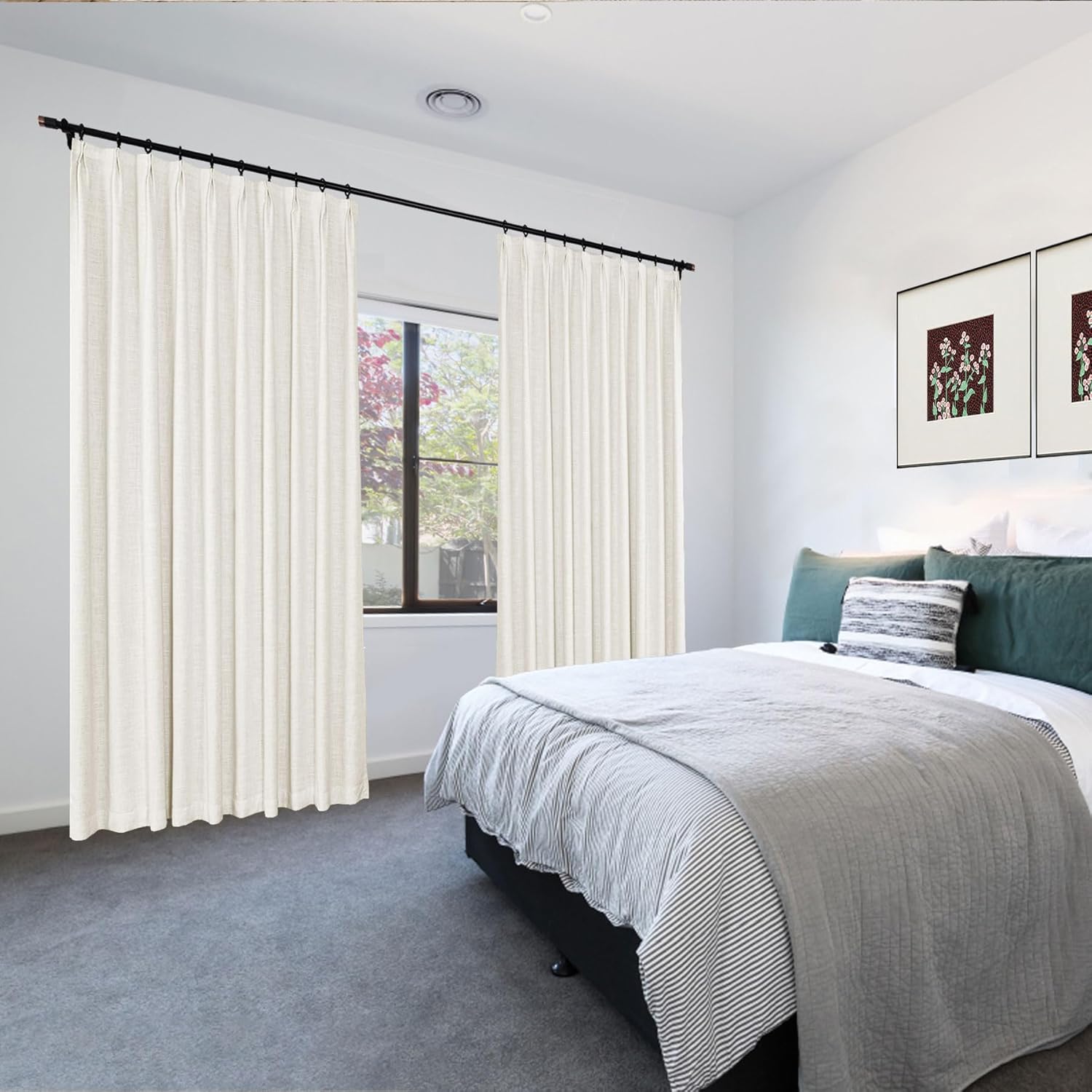 Frelement Faux Linen Curtains with Blackout Lining Blackout Curtains for Bedroom Pinch Pleat Curtains for Traverse Rod for Meetingroom Patio Door, 26" W x 96" L, 2 Panels, Beige White