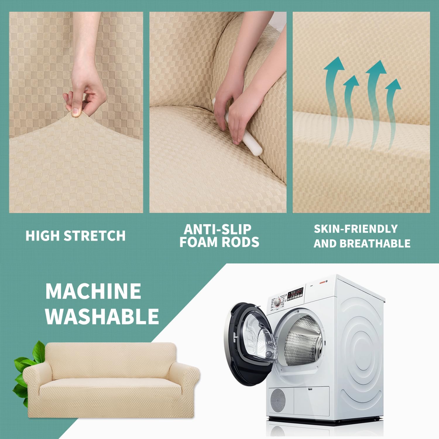 YEMYHOM Couch Cover Latest Jacquard Design High Stretch Sofa Covers for 3 Cushion Couch, Pet Dog Cat Proof Slipcover Non Slip Magic Elastic Furniture Protector (Sofa, Beige)