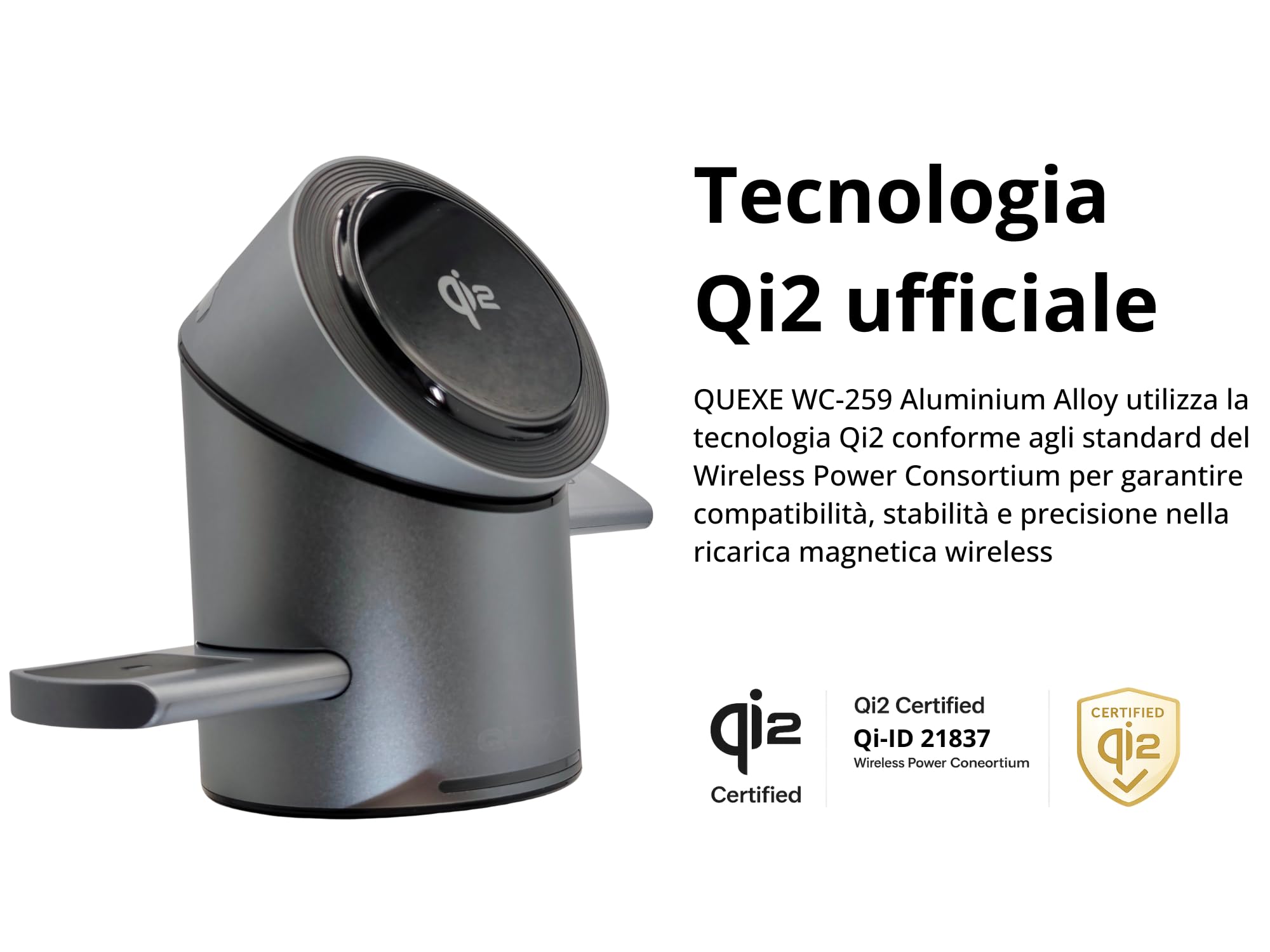 Caricatore in ALLUMINIO - Wireless 3-in-1 Qi2 Motorizzato – Ricarica Rapida 15W per iPhone, AirPods e Apple Watch – USB-C - Compatibile con smartphone con ricarica magnetica Qi -