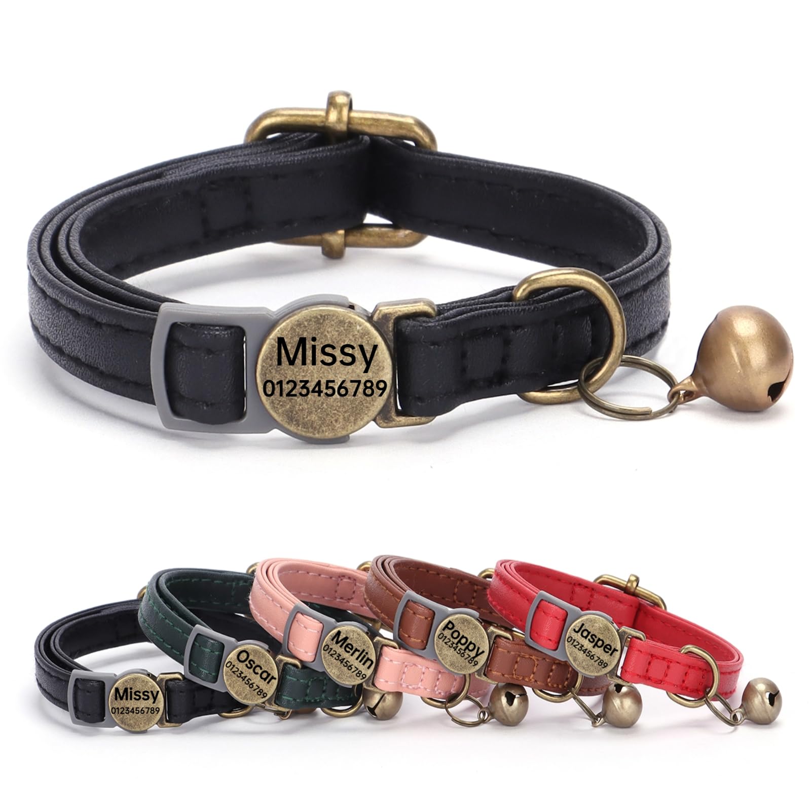 SEOUGEE Genuine Leather Cat Collar Quick Release with Personalised Name Tag, breakaway Kitten Collars with Removable Bells & Safety Release, Engraved buckle, 19-30 CM Adjustable, Vintage Black
