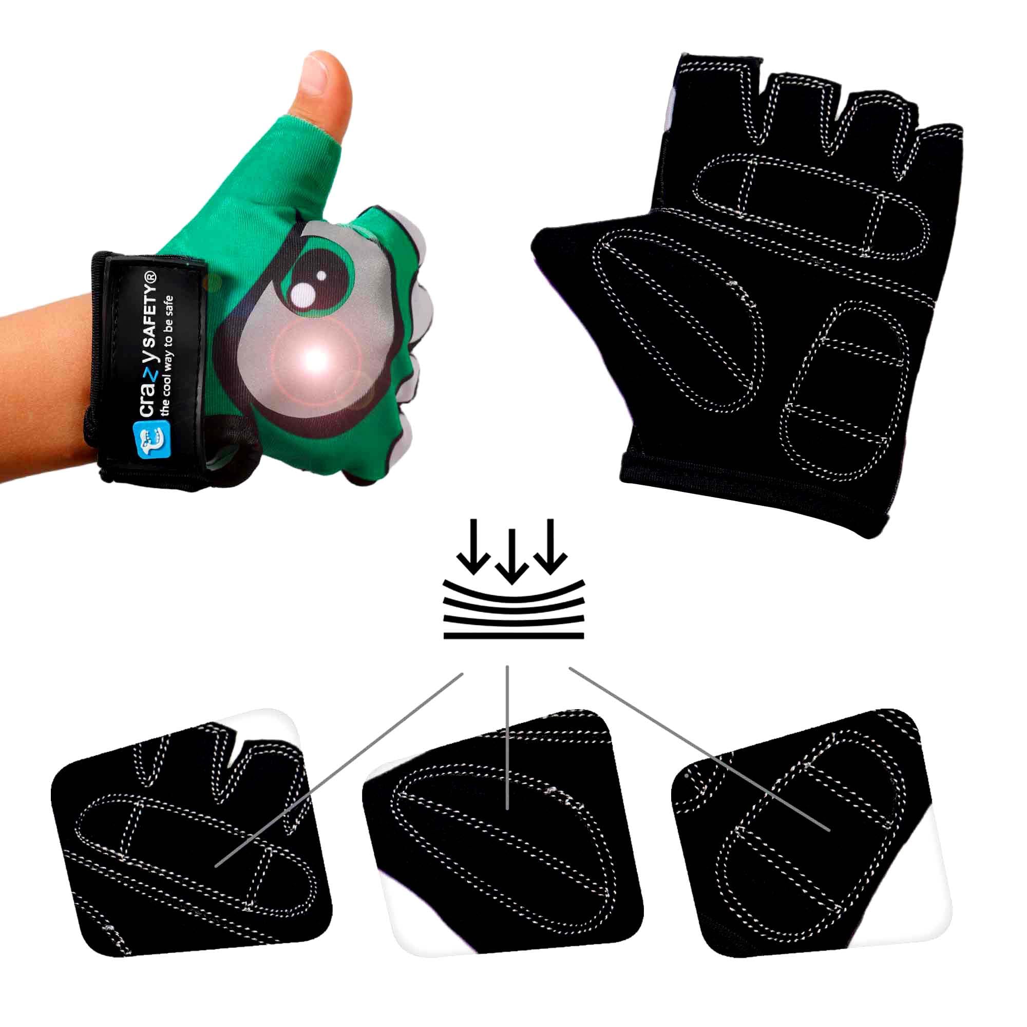 Crazy Safety - Guantes de ciclismo para niños, color negro, con ojos reflectantes y palmas acolchadas, talla S, ideal para ciclismo, patinete y actividades al aire libre