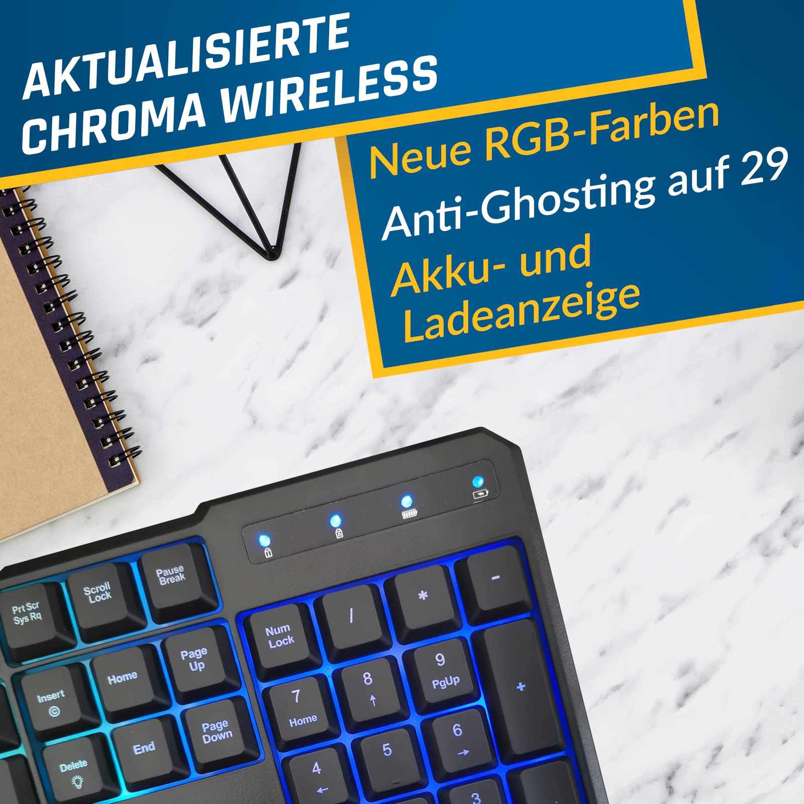 KLIM Blaze & Chroma - NEU - Tastatur Maus Set Kabellos QWERTZ- Flach, Ergonomisch - Maustastatur für PC, Eingebauter, langlebiger Akku