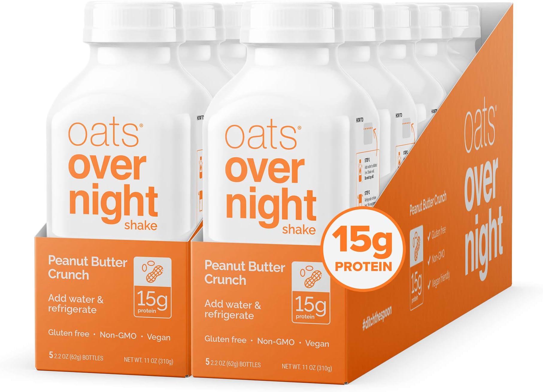 Oats Overnight Peanut Butter Crunch Bottled Shake - Gluten Free, Non-GMO, Vegan Friendly Breakfast Meal Replacement Shake with Powdered Oat milk. 15g of Protein (10 Pack)